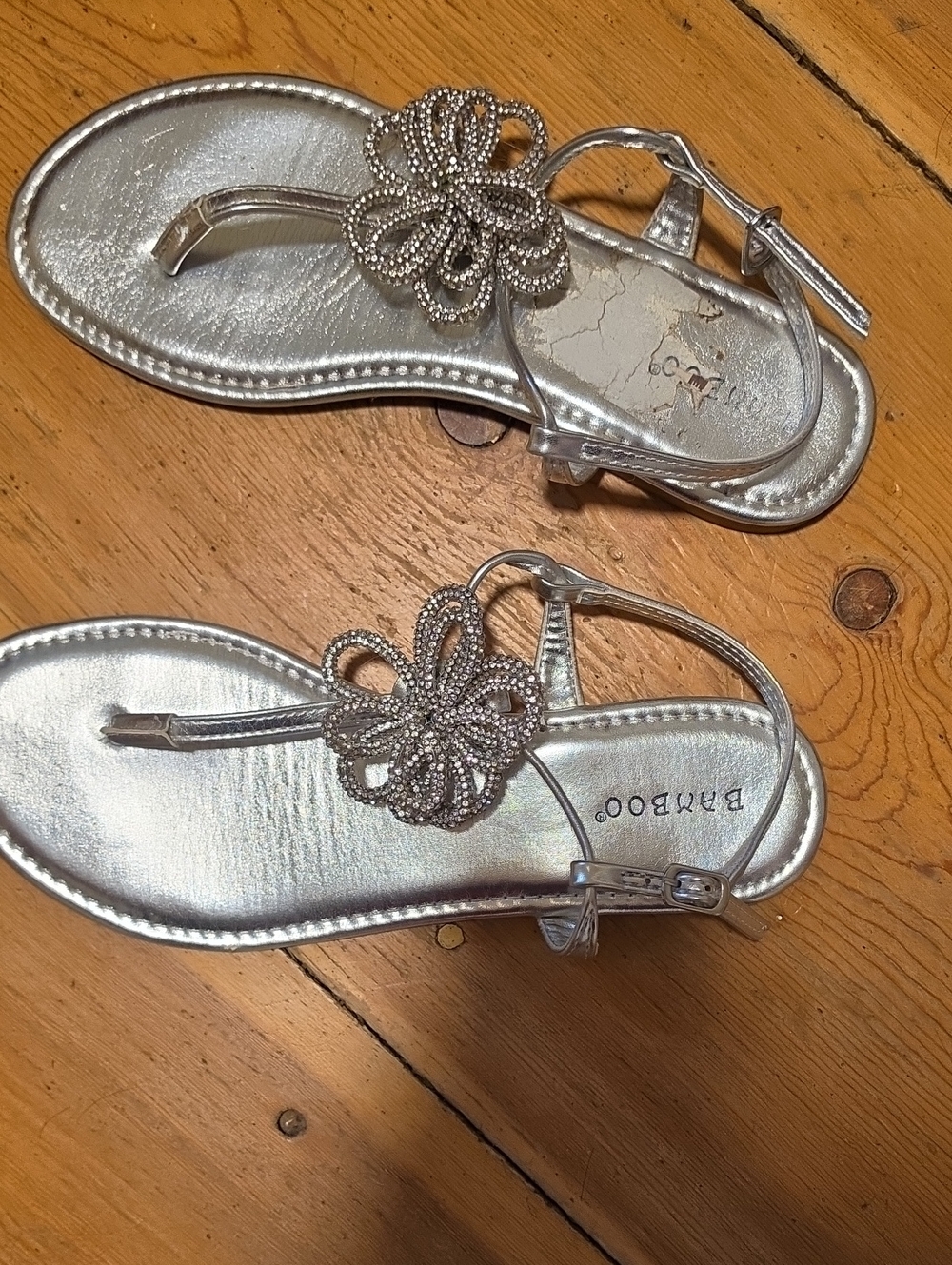 BAMBOO Silver Floral Beaded T-Strap Sandals